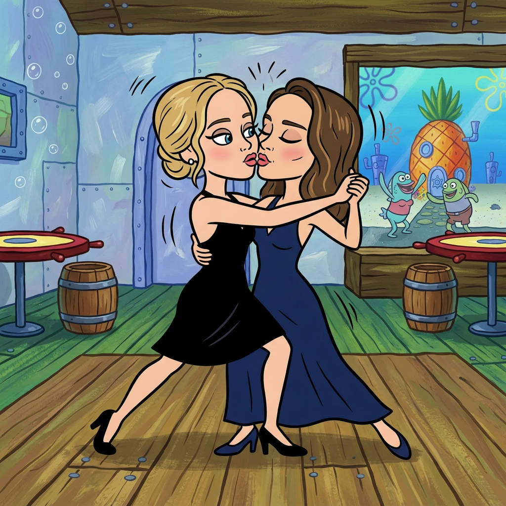 AI Design for Jennifer Lawrence and Natalie Portman lesbian kissing and tango each other in SpongeBob SquarePants animated series