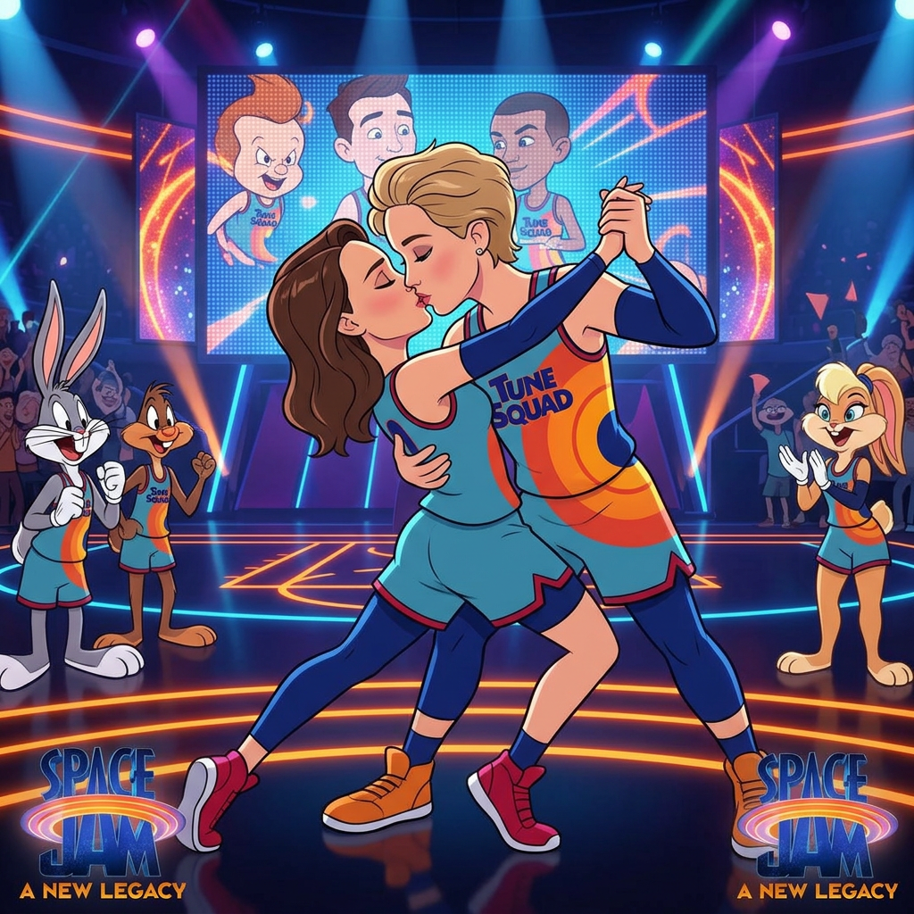 AI Design for Jennifer Lawrence and Natalie Portman lesbian kissing and tango each other in Space Jam: A New Legacy animated movie