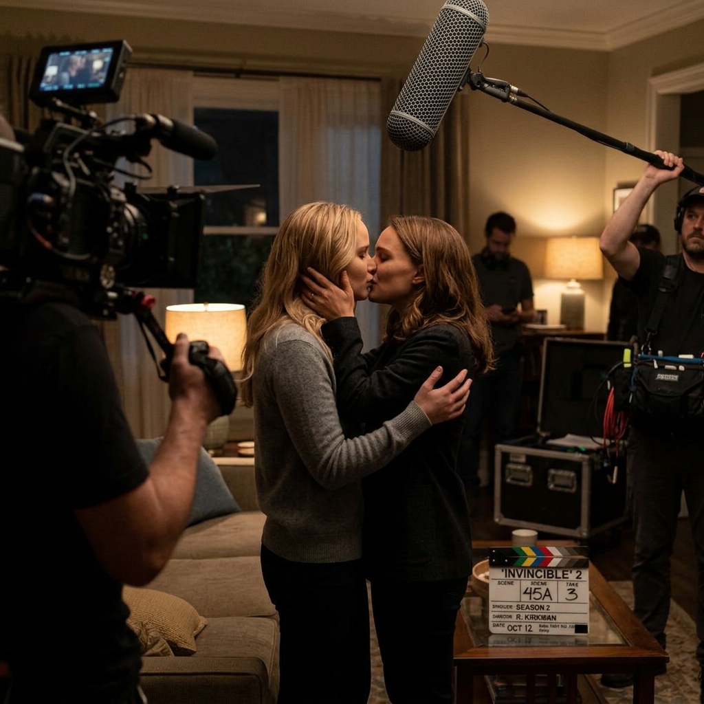 AI Design for Jennifer Lawrence and Natalie Portman lesbian kissing each other in Invincible TV series