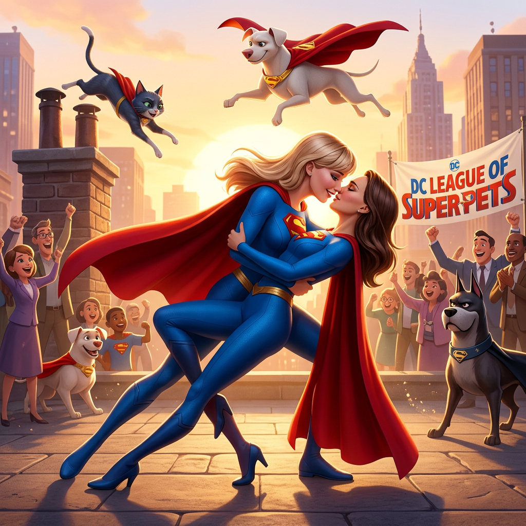 AI Design for Jennifer Lawrence and Natalie Portman kissing and tango each other in DC League of Super-Pets