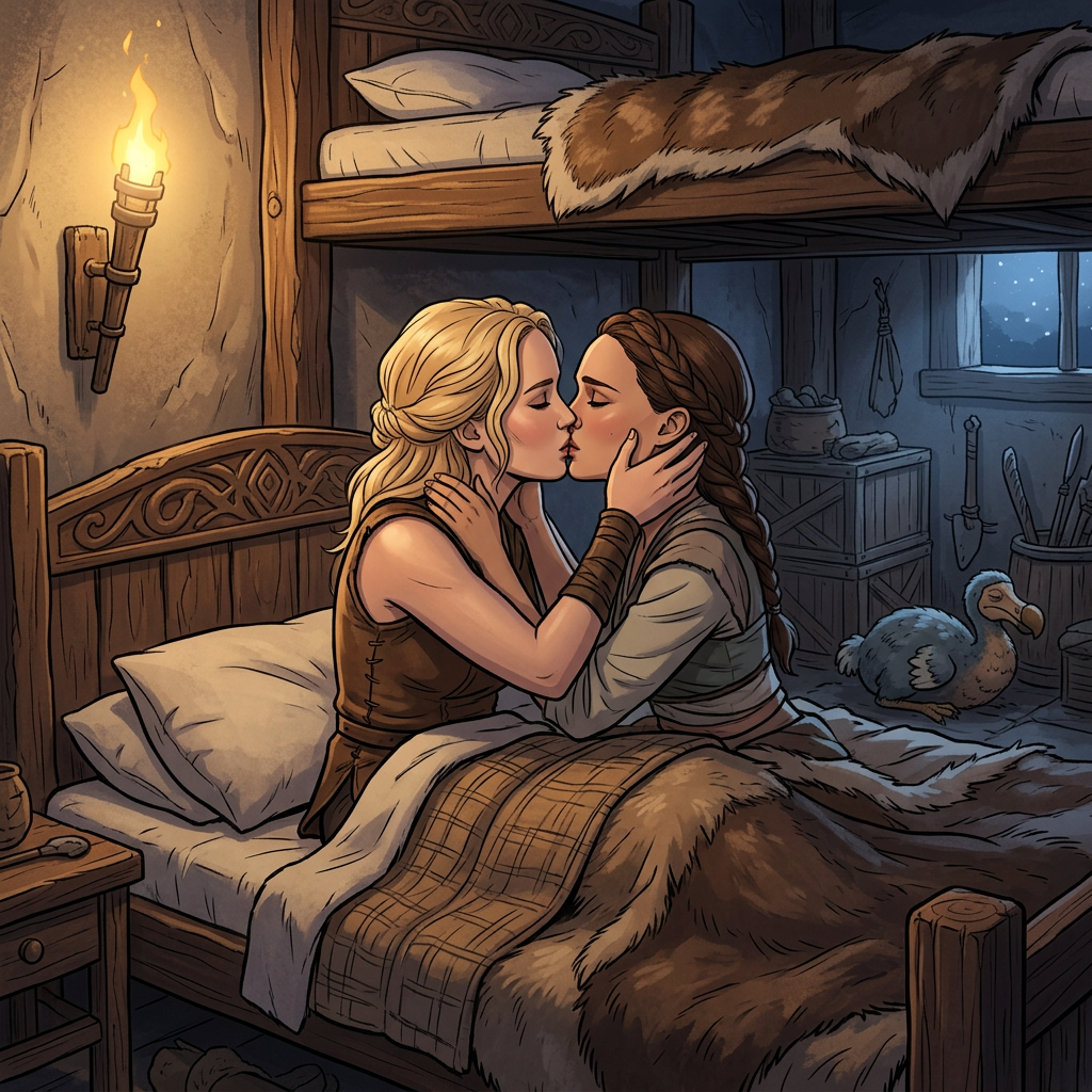AI Design for Jennifer Lawrence and Natalie Portman lesbian french kissing each other in bed in Ark The Animated series