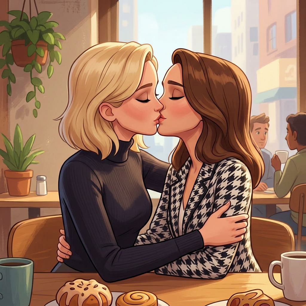 AI Design for Jennifer Lawrence and Natalie Portman lesbian kissing each other in DC League of Super-Pets animated movie