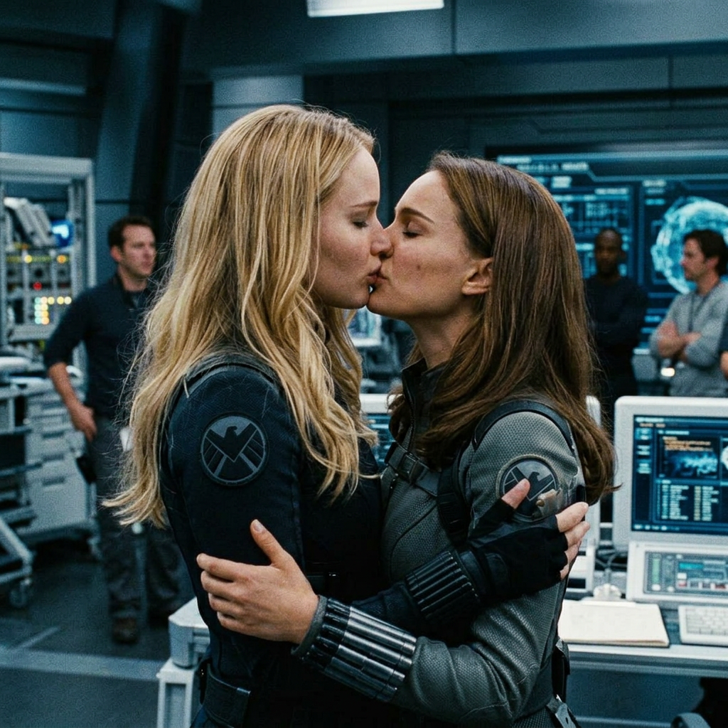 AI Design for Jennifer Lawrence and Natalie Portman lesbian kissing each other in Avengers Assemble TV series