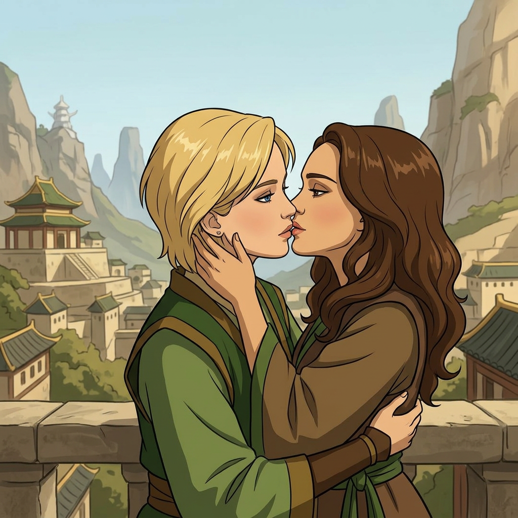 AI Design for Jennifer Lawrence and Natalie Portman lesbian french kissing each other in Avatar: The Last Airbender animated TV series