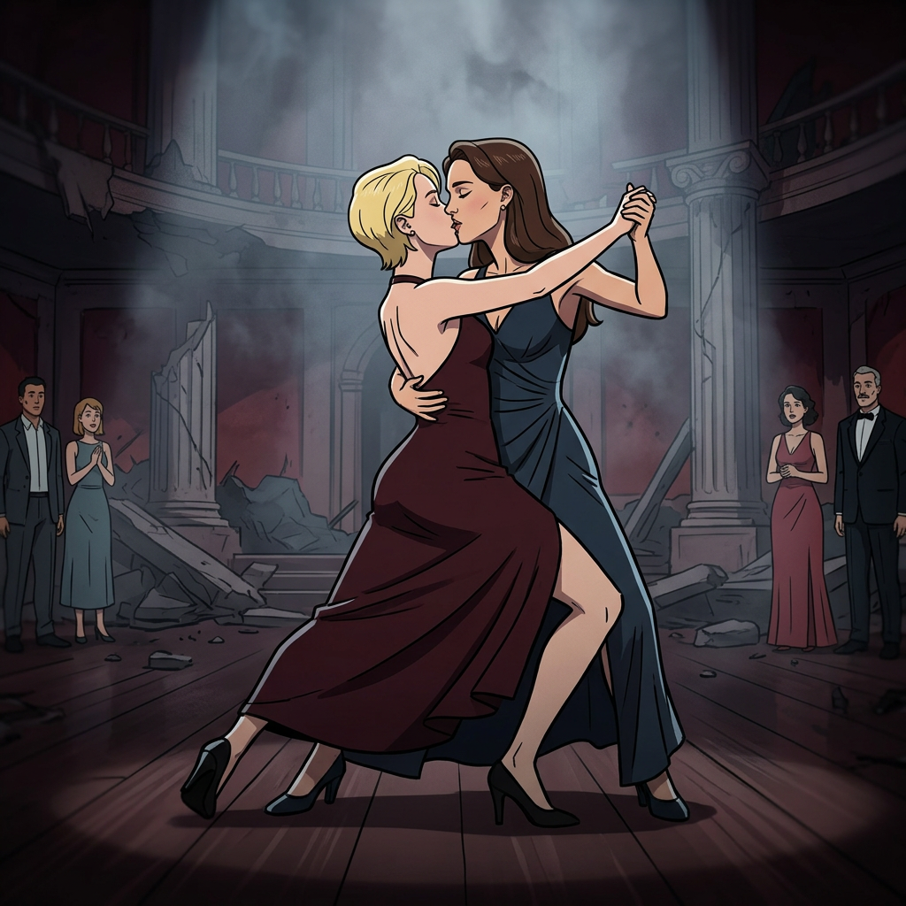 AI Design for Jennifer Lawrence and Natalie Portman lesbian kissing and tango each other in Invincible animated TV series