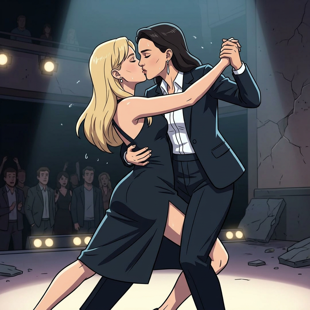 AI Design for Jennifer Lawrence and Natalie Portman lesbian french kissing and tango each other in Invincible animatd TV series