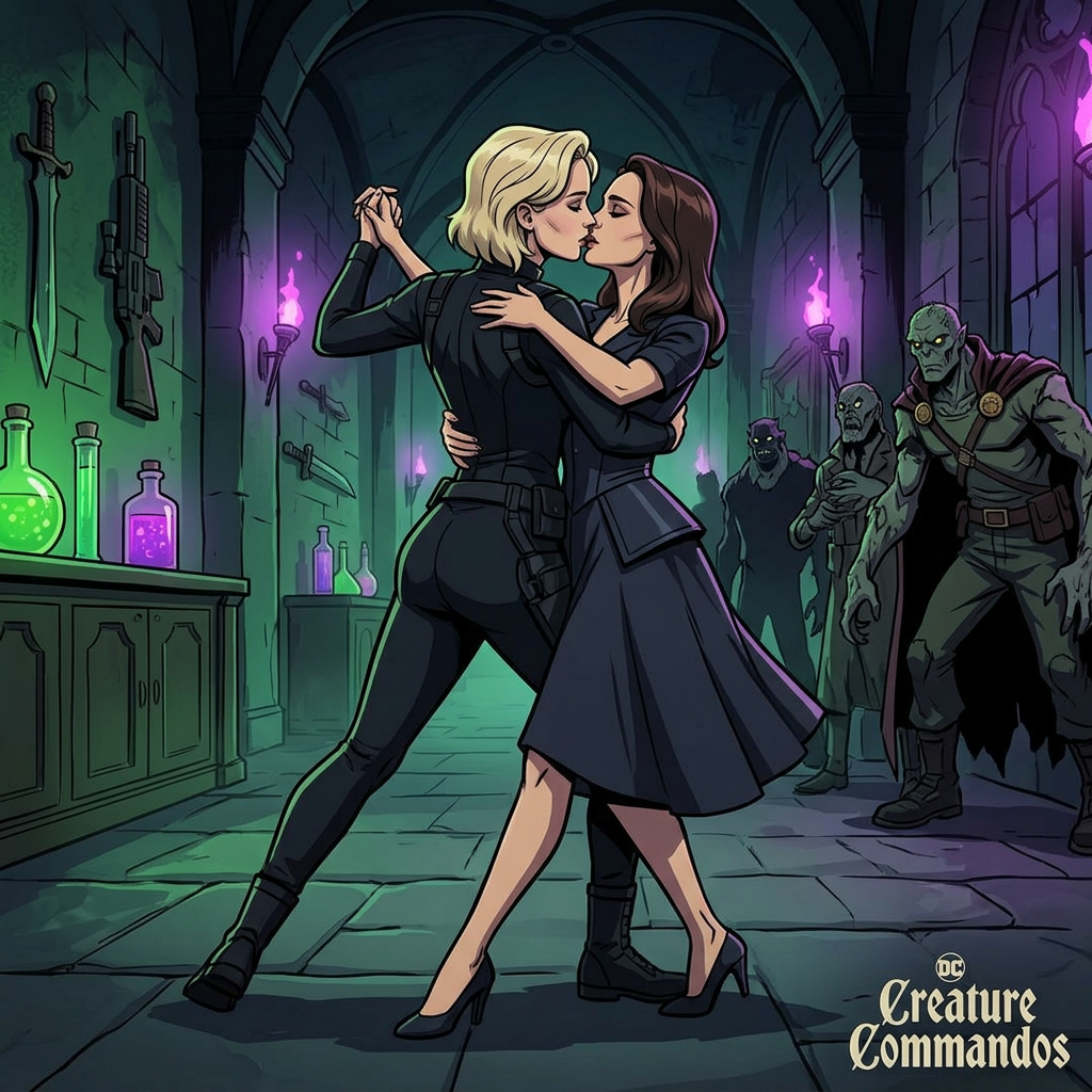 AI Design for Jennifer Lawrence and Natalie Portman lesbian kissing and tango each other in Creature Commandos animated TV series