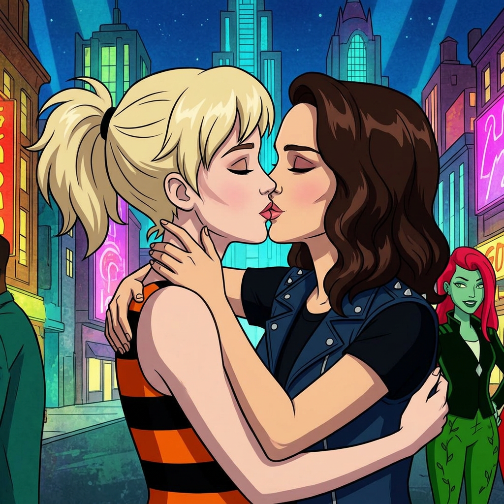 AI Design for Jennifer Lawrence és Natalie Portman lesbian kissing each other in Harley Quinn TV series