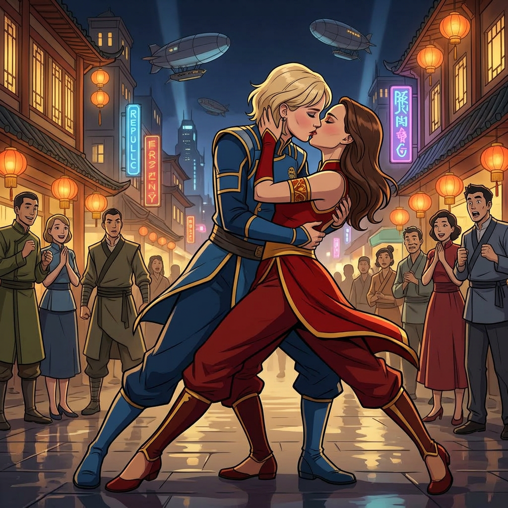 AI Design for Jennifer Lawrence and Natalie Portman lesbian french kissing and tango each other in The Legend of Korra animated TV series