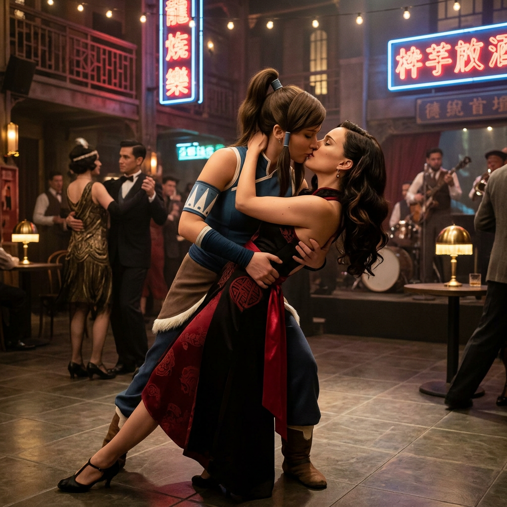 AI Design for Jennifer Lawrence and Natalie Portman lesbian french kissing and tango each other in The Legend of Korra TV series