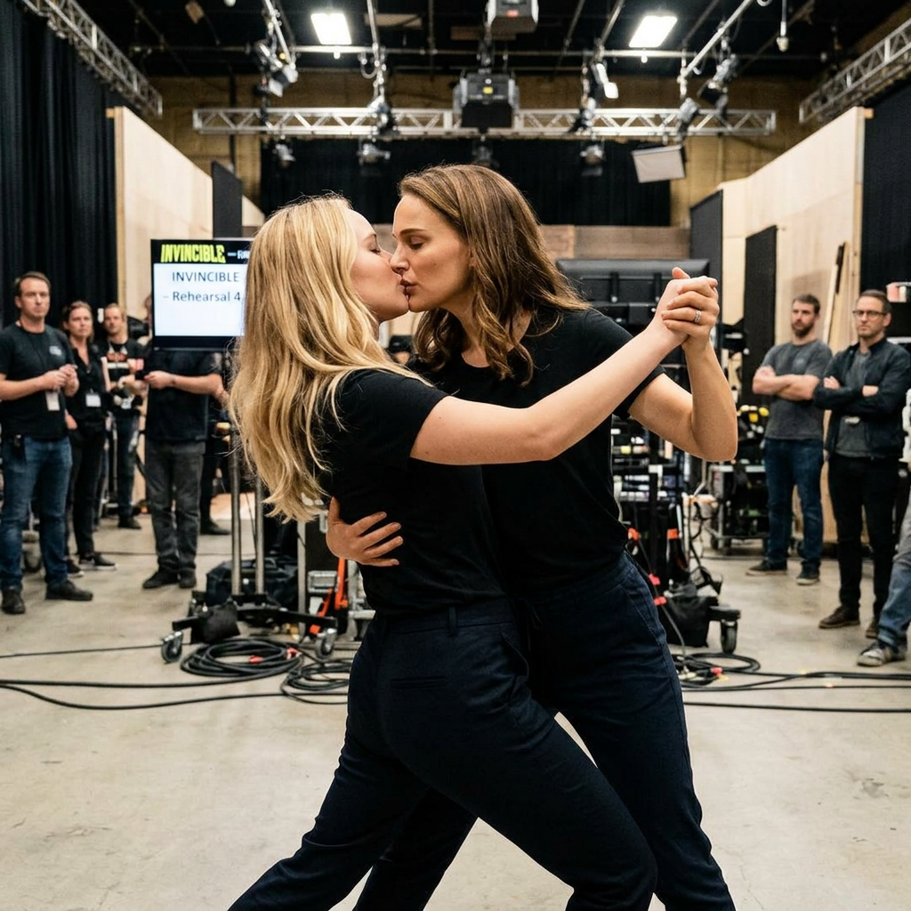 AI Design for Jennifer Lawrence and Natalie Portman lesbian french kissing and tango each other in Invincible TV series