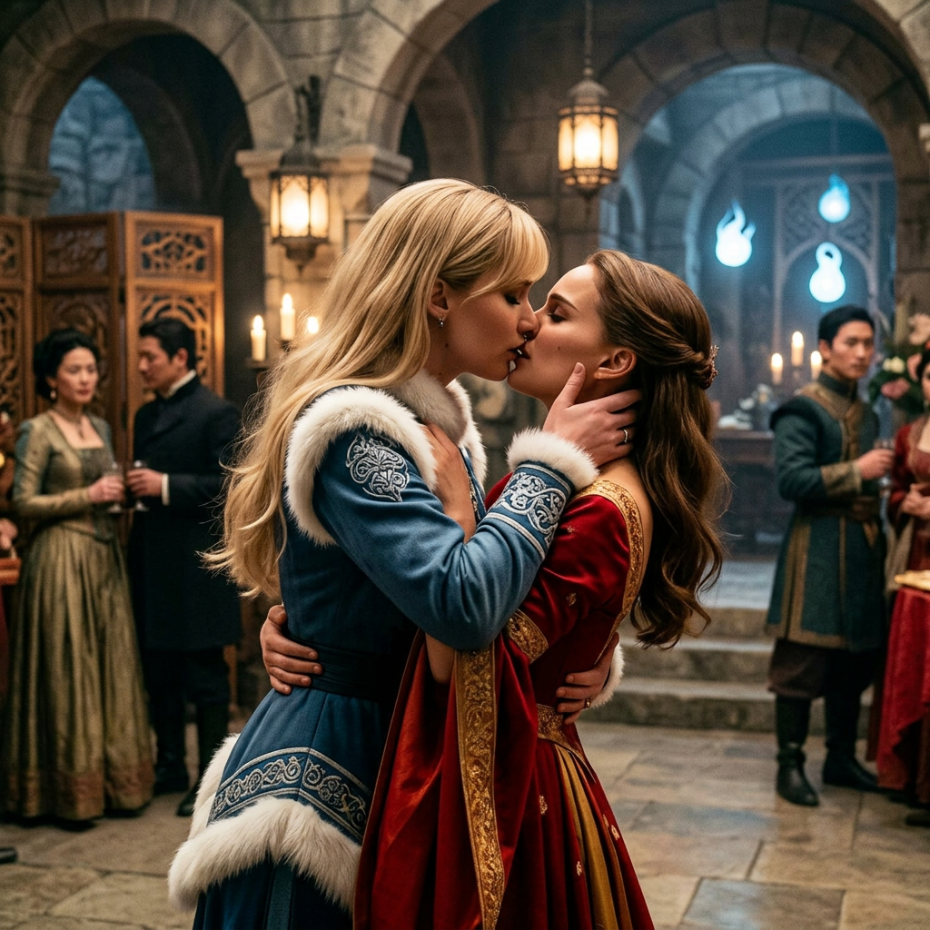 AI Design for Jennifer Lawrence and Natalie Portman lesbian french kissing and tango each other in The Legend of Korra TV series