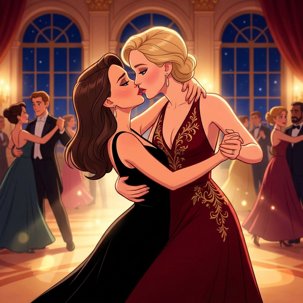 AI Design for Jennifer Lawrence and Natalie Portman lesbian kissing and tango each other in Disney animated movie