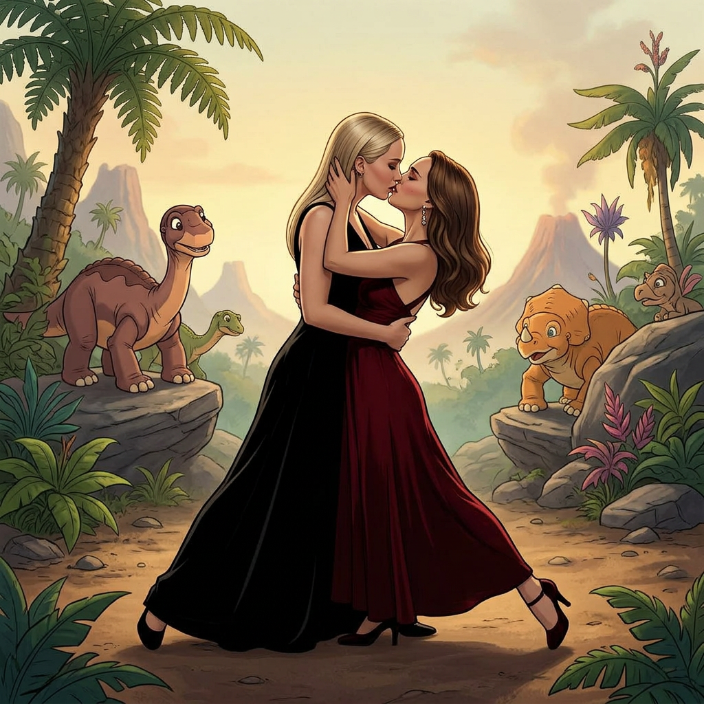 AI Design for Jennifer Lawrence és Natalie Portman lesbian kissing and tango each other in The Land Before Time