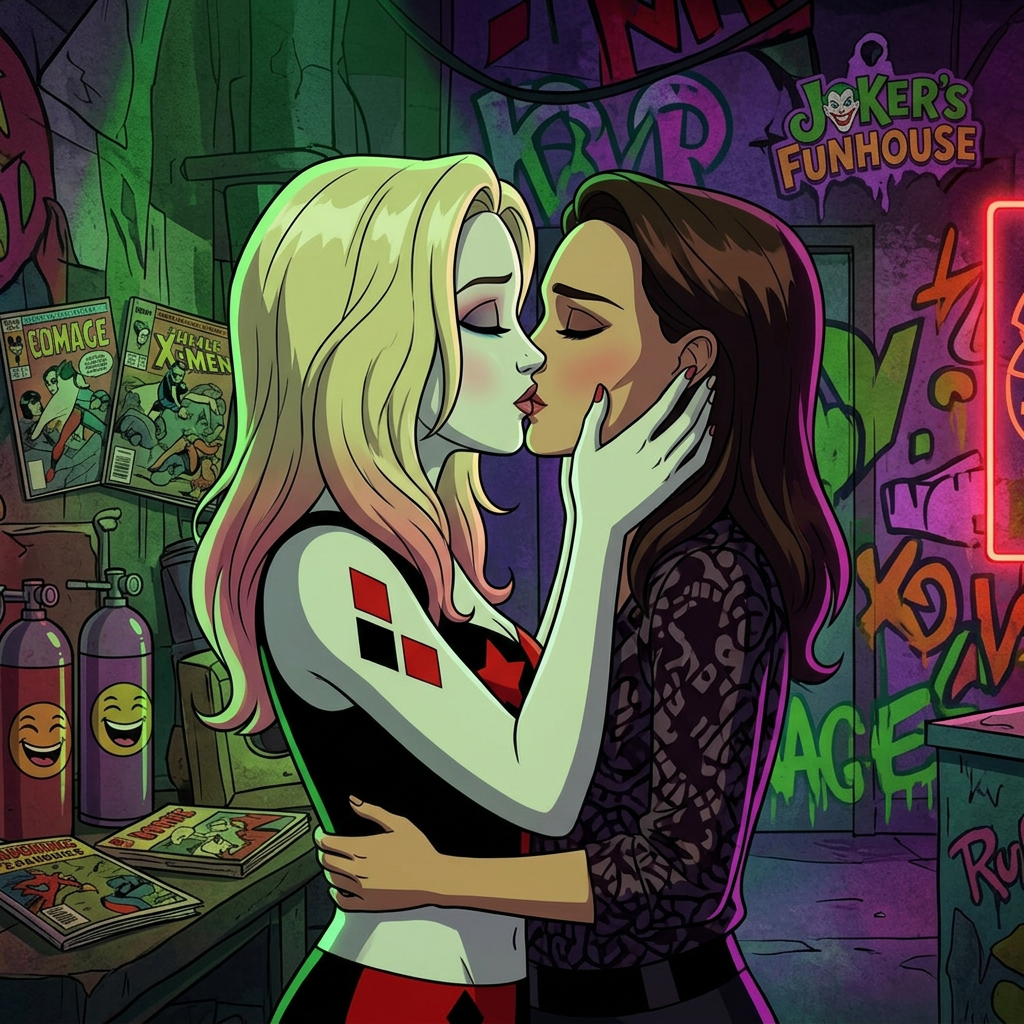 AI Design for Jennifer Lawrence és Natalie Portman lesbian kissing each other in Harley Quinn TV series