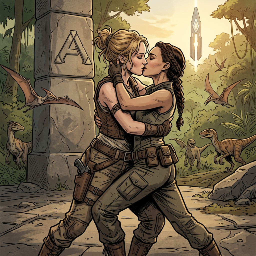 AI Design for Jennifer Lawrence and Natalie Portman lesbian kissing and tango each other in Ark The Animated series