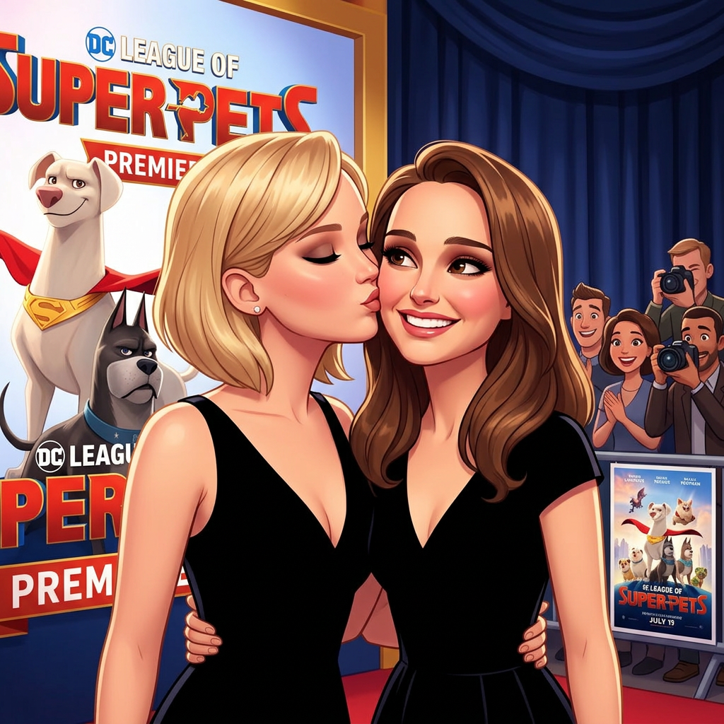 AI Design for Jennifer Lawrence and Natalie Portman lesbian kissing each other in DC League of Super-Pets