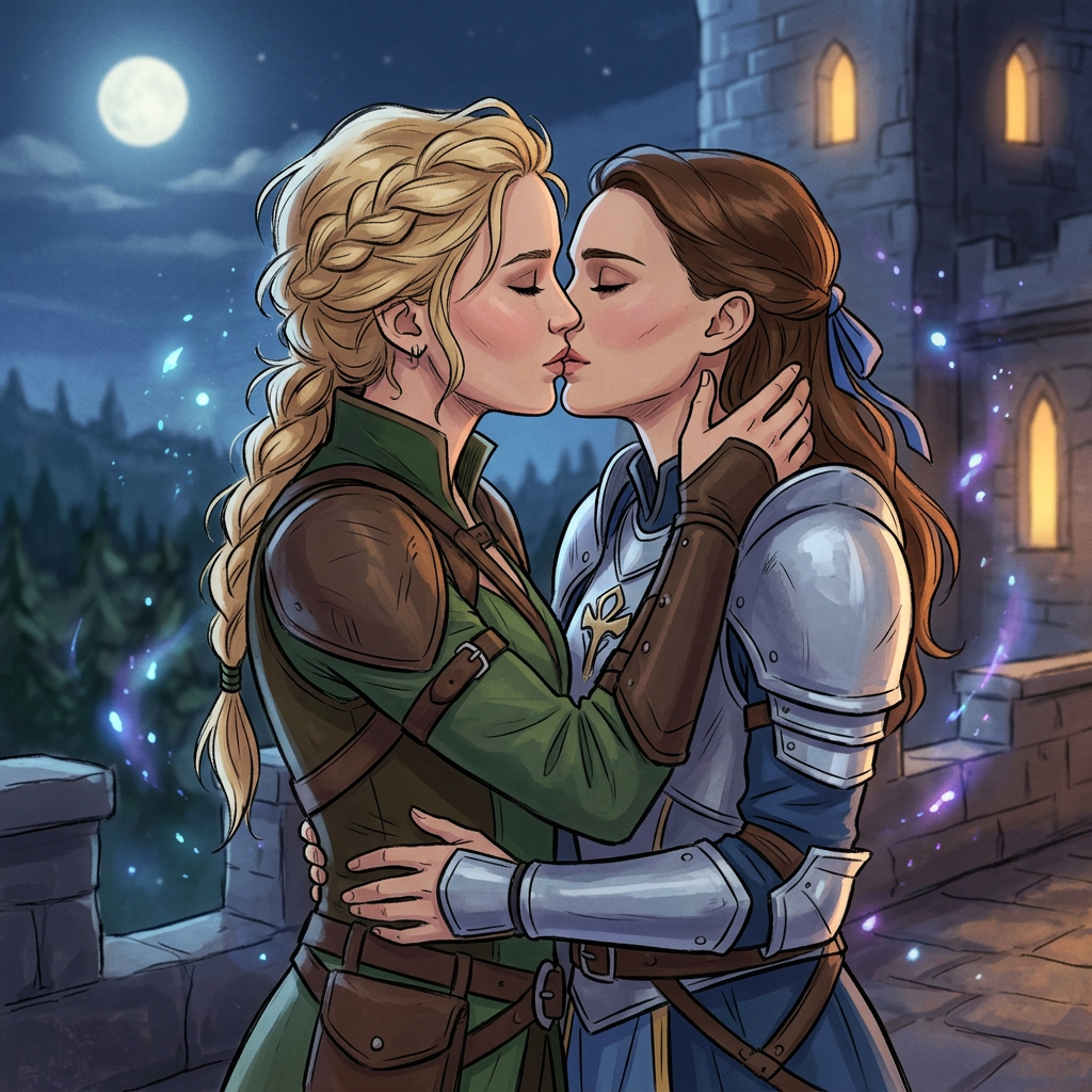 AI Design for Jennifer Lawrence and Natalie Portman lesbian kissing each other in The Legend of Vox Machina TV series