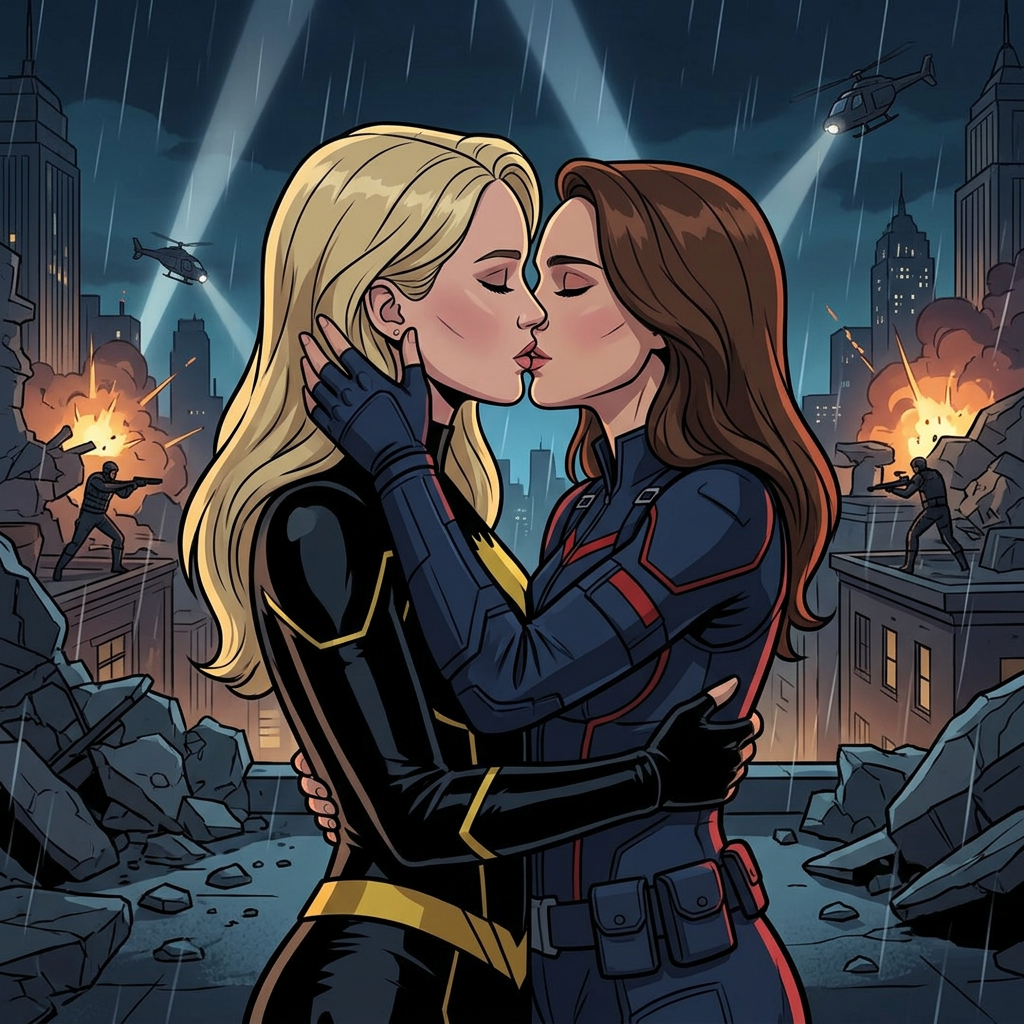 AI Design for Jennifer Lawrence and Natalie Portman lesbian kissing each other in DC anmated movie