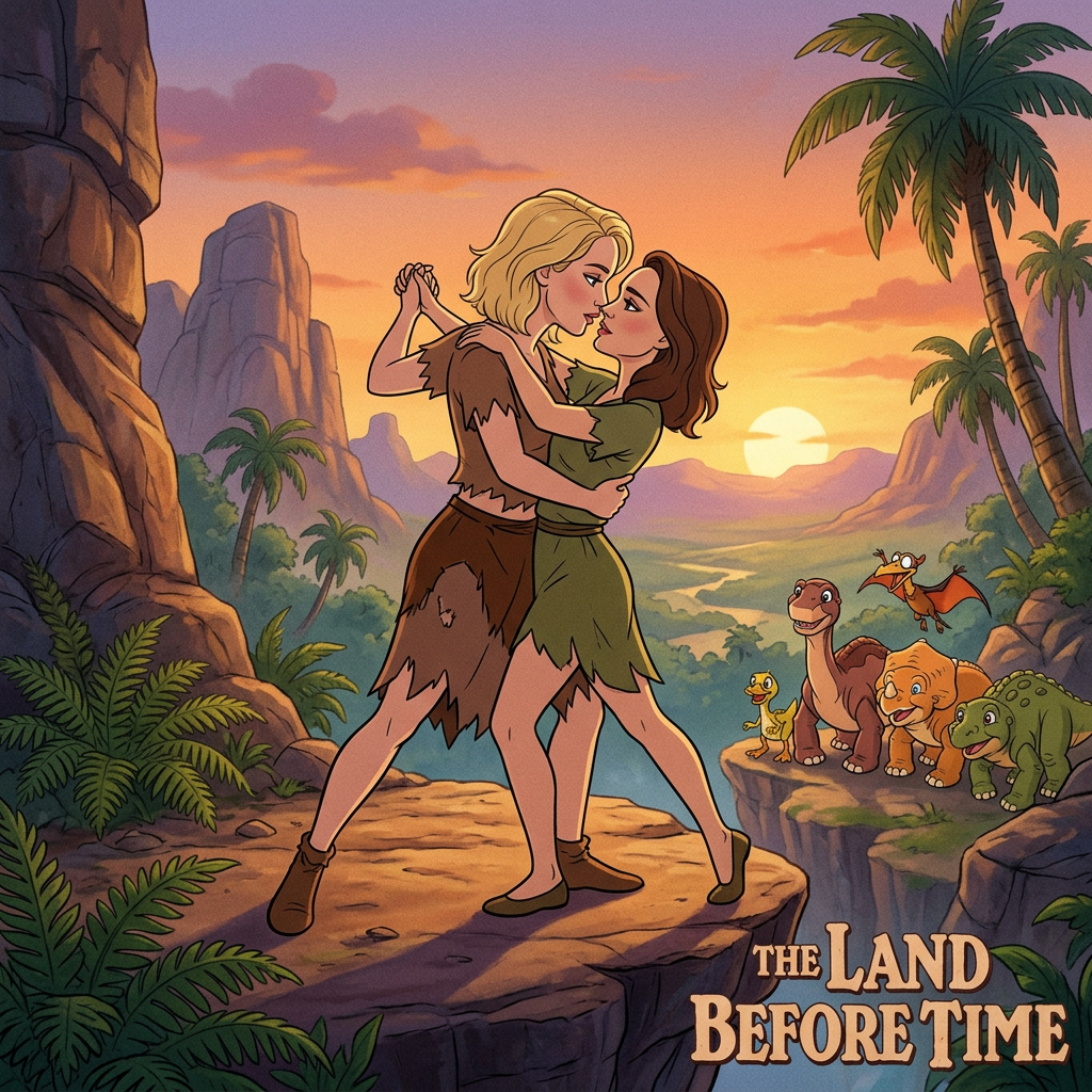 AI Design for Jennifer Lawrence és Natalie Portman lesbian kissing and tango each other in The Land Before Time