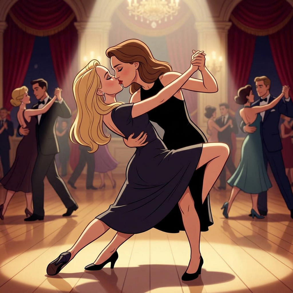 AI Design for Jennifer Lawrence and Natalie Portman lesban kissing and tango each other in animated movie