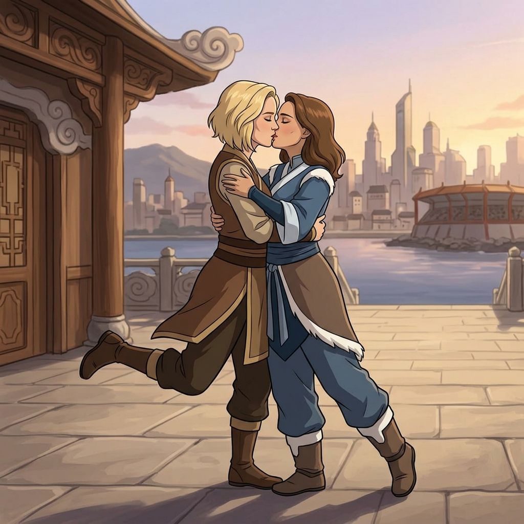 AI Design for Jennifer Lawrence and Natalie Portman lesbian kissing and tango each other in The Legend of Korra animated TV series