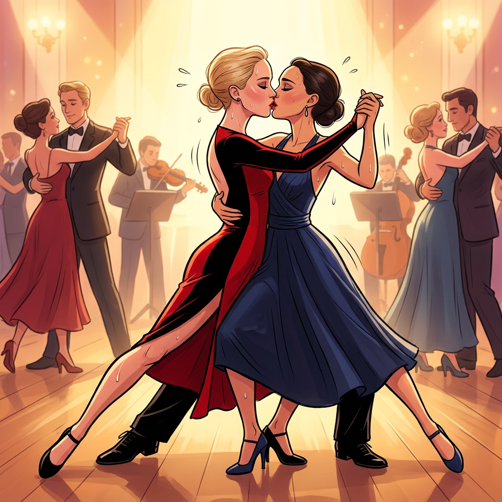AI Design for Jennifer Lawrence and Natalie Portman lesbian kissing and tango each other in Disney animated movie