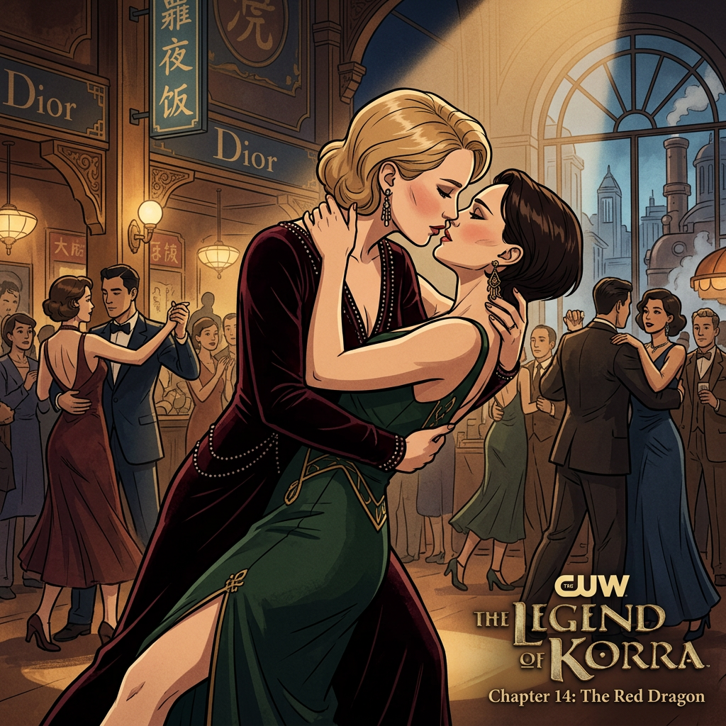 AI Design for Jennifer Lawrence and Natalie Portman lesbian kissing and tango each other in The Legend of Korra animated TV series