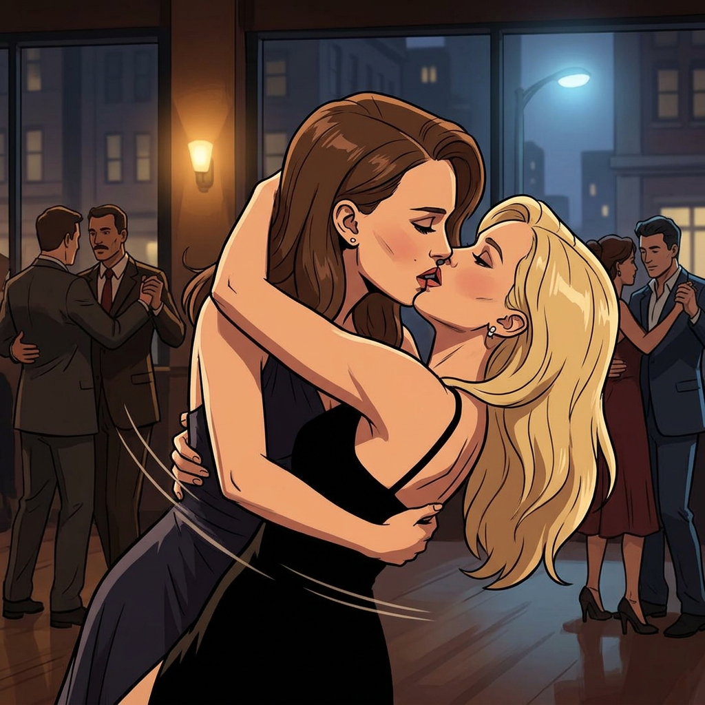 AI Design for Jennifer Lawrence and Natalie Portman lesbian french kissing and tango each other in Invincible animated TV series