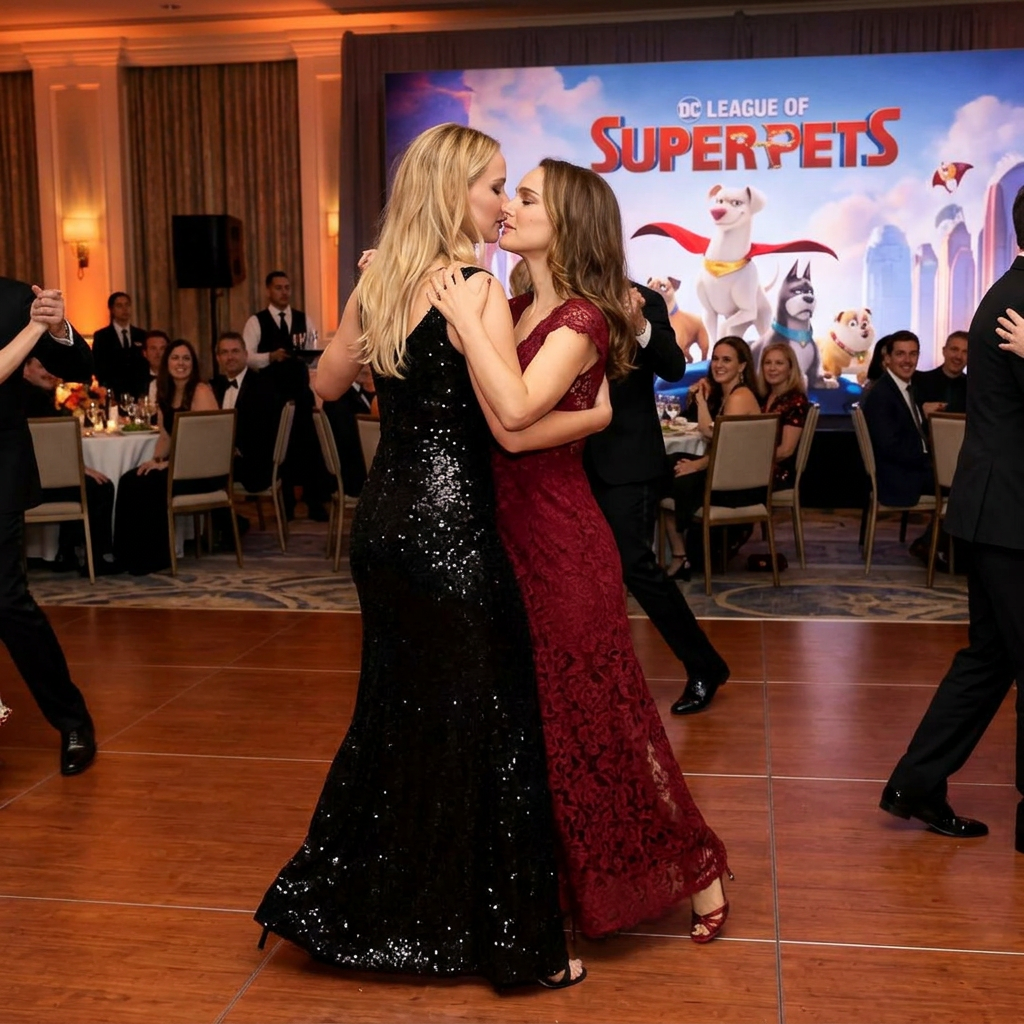 AI Design for Jennifer Lawrence and Natalie Portman lesbian kissing and tango each other in DC League of Super-Pets