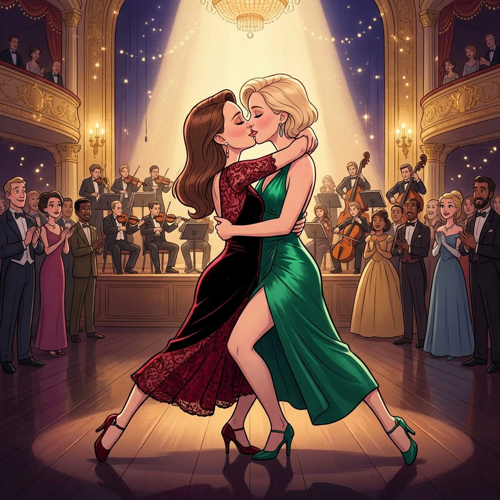 AI Design for Jennifer Lawrence and Natalie Portman lesbian kissing and tango each other in Disney animated movie