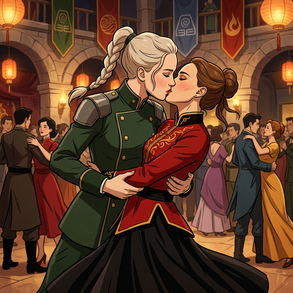 AI Design for Jennifer Lawrence and Natalie Portman lesbian kissing and tango each other in The Legend of Korra animated TV series
