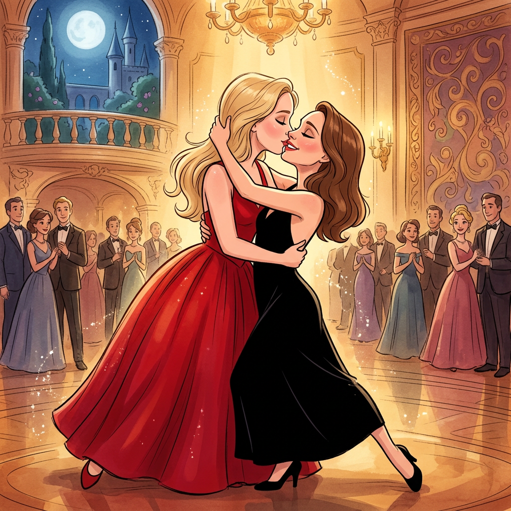 AI Design for Jennifer Lawrence and Natalie Portman lesban kissing and tango each other in Disney animated movie