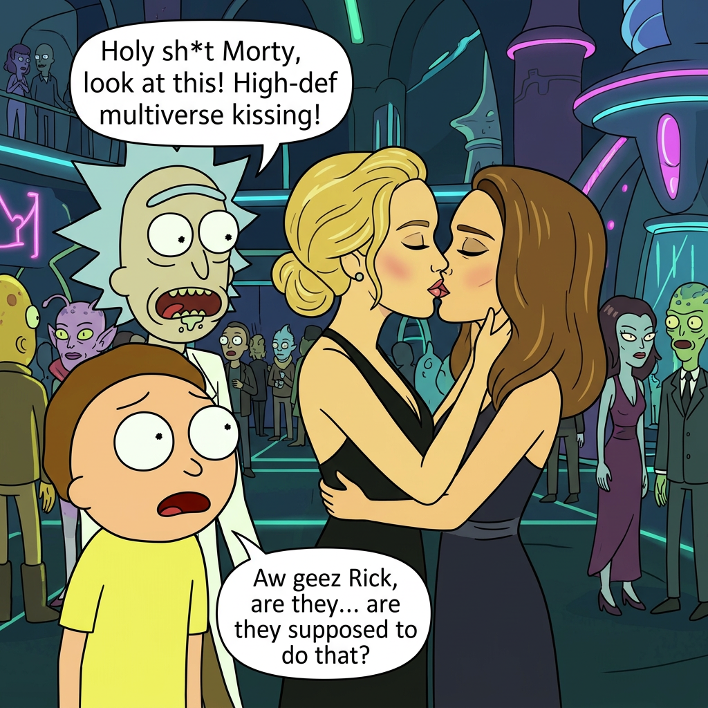 AI Design for Jennifer Lawrence and Natalie Portman lesbian kissing each other in Rick and Morty