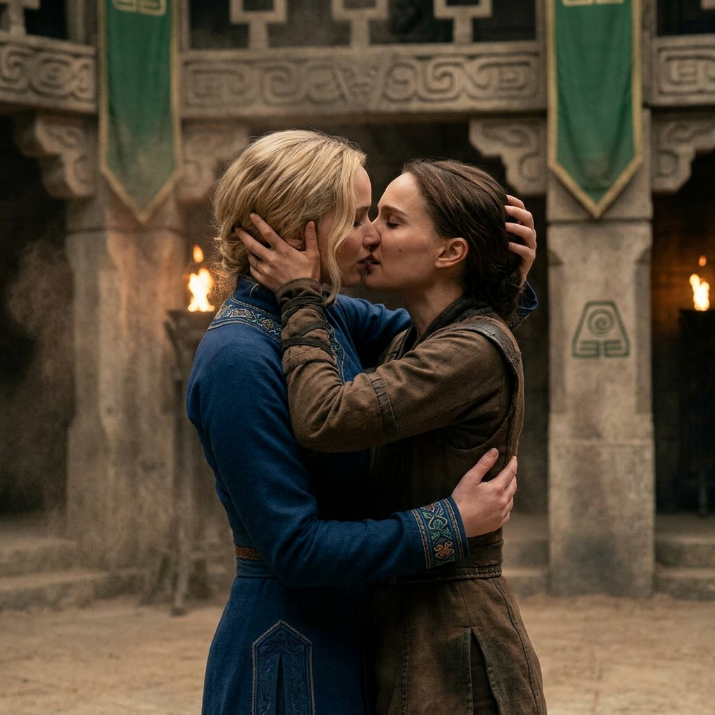AI Design for Jennifer Lawrence and Natalie Portman lesbian french kissing each other in Avatar: The Last Airbender TV series