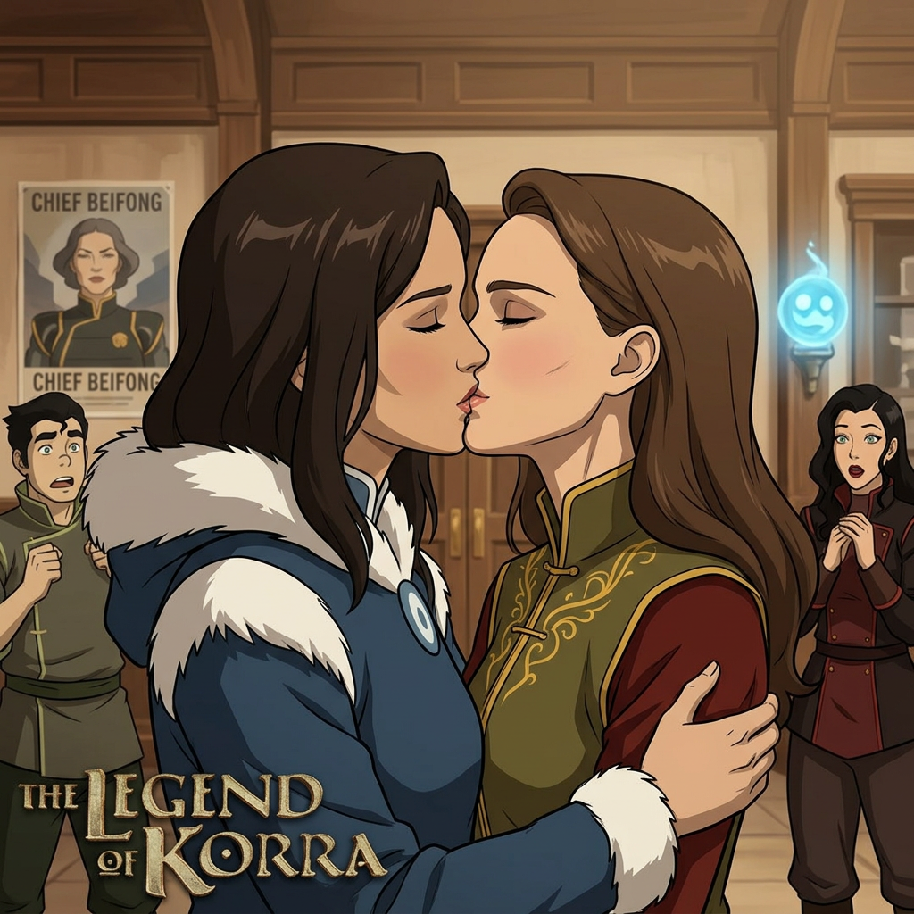 AI Design for Jennifer Lawrence and Natalie Portman lesbian french kissing each other in The Legend of Korra TV series