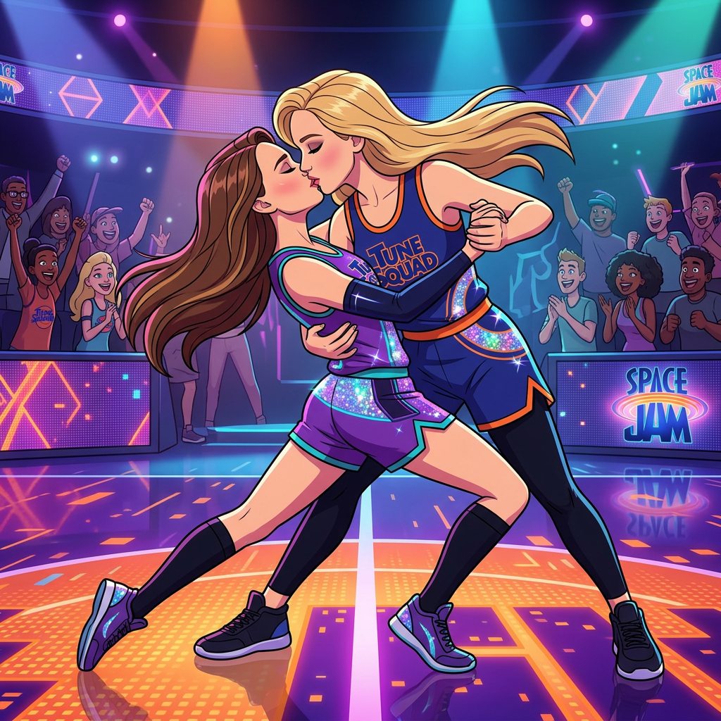 AI Design for Jennifer Lawrence and Natalie Portman lesbian kissing and tango each other in Space Jam: A New Legacy animted movie, long hair