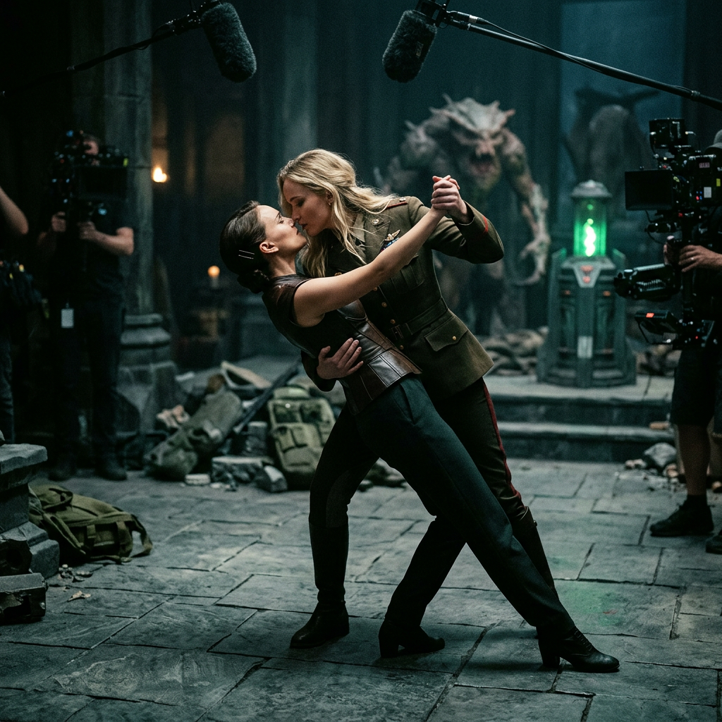AI Design for Jennifer Lawrence and Natalie Portman lesbian kissing and tango each other in Creature Commandos TV series