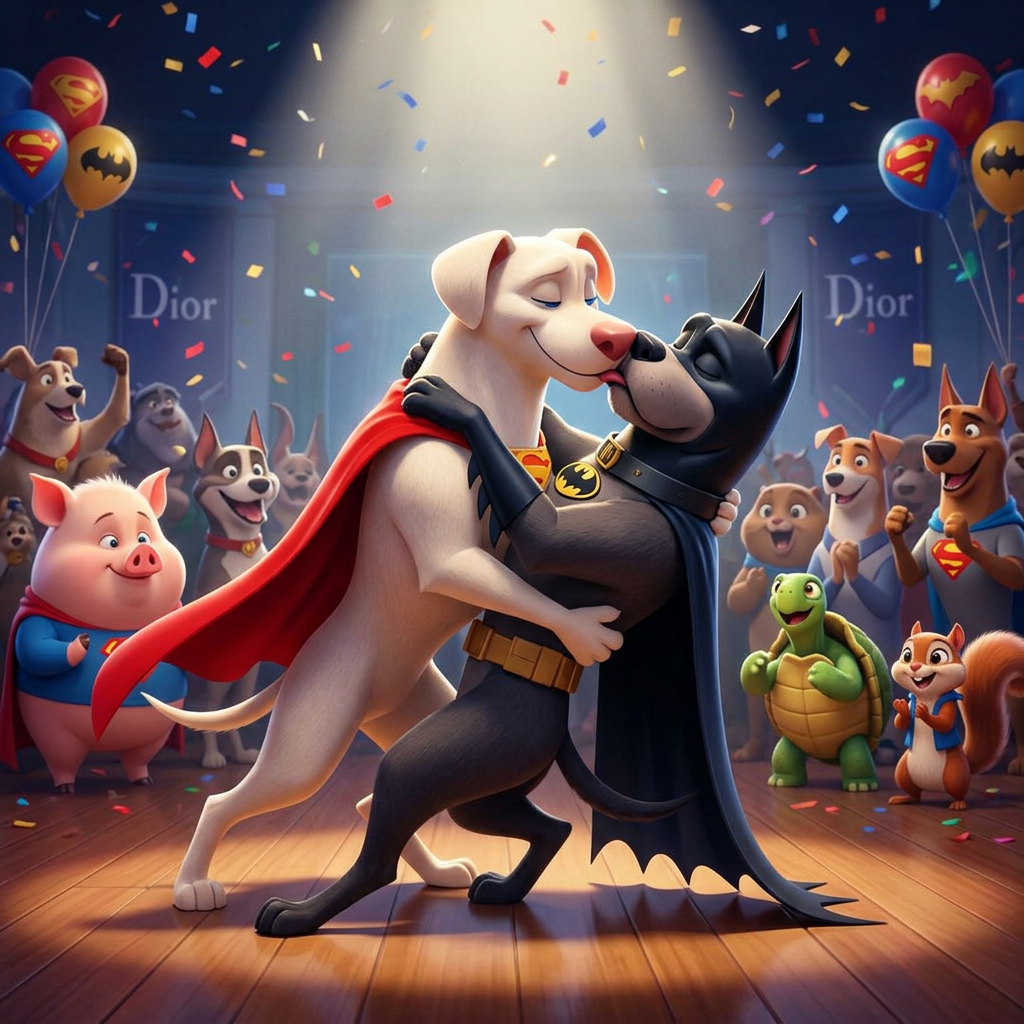 AI Design for Jennifer Lawrence and Natalie Portman kissing and tango each other in DC League of Super-Pets animated movie