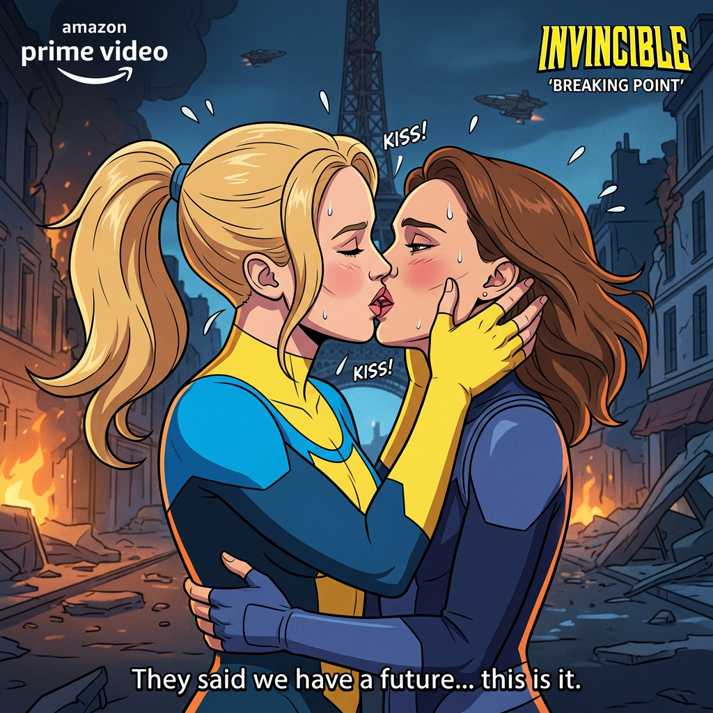 AI Design for Jennifer Lawrence and Natalie Portman lesbian french kissing each other in Invincible animatd TV series