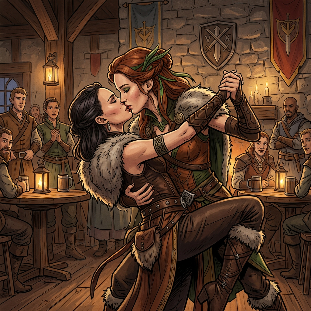 AI Design for Jennifer Lawrence and Natalie Portman lesbian kissing and tango each other in The Legend of Vox Machina TV series