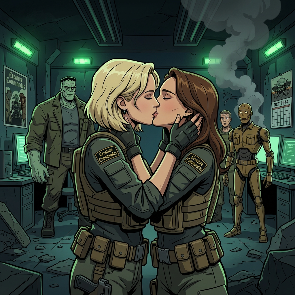 AI Design for Jennifer Lawrence és Natalie Portman lesbian kissing each other in Creature Commandos TV series