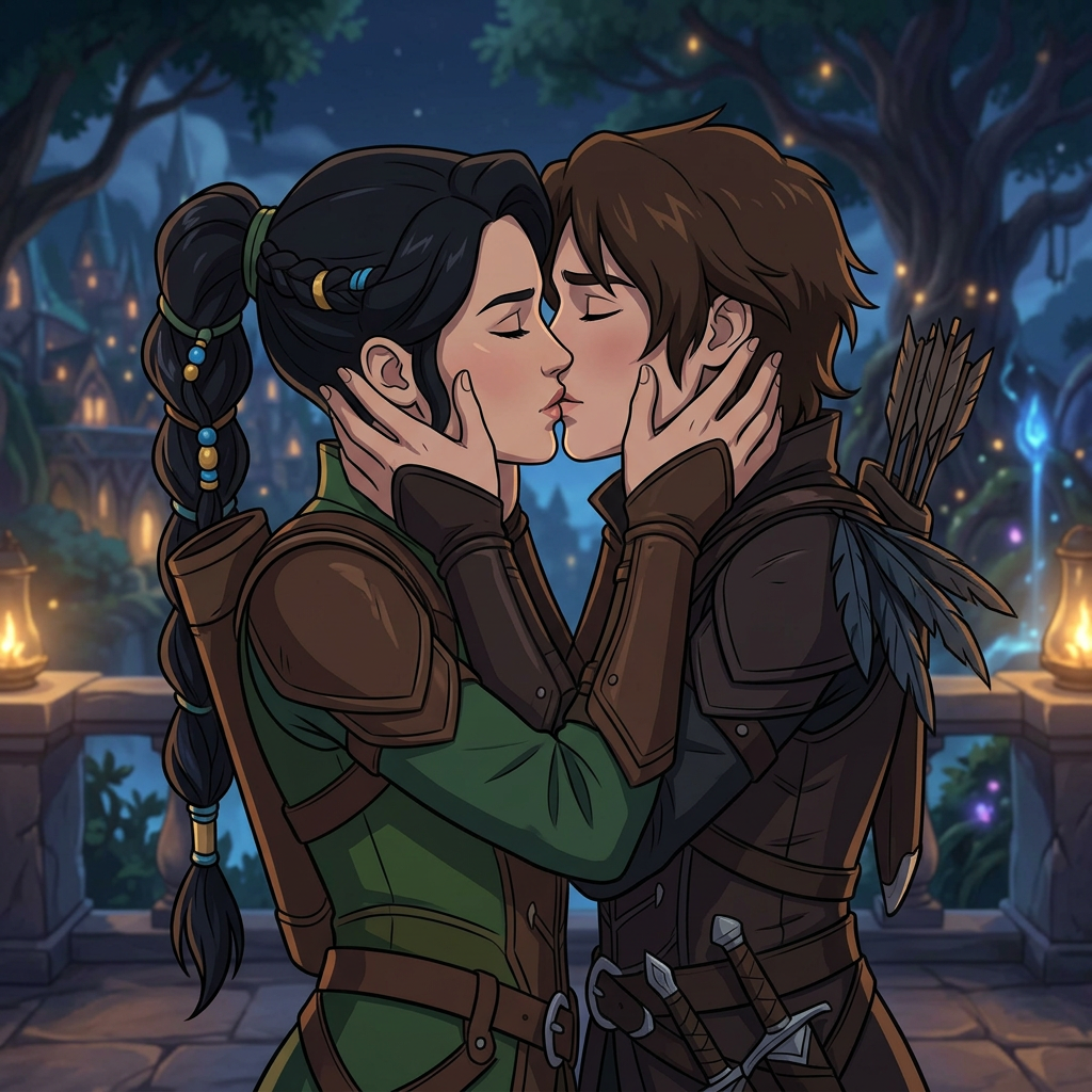 AI Design for Jennifer Lawrence and Natalie Portman lesbian kissing each other in The Legend of Vox Machina TV series