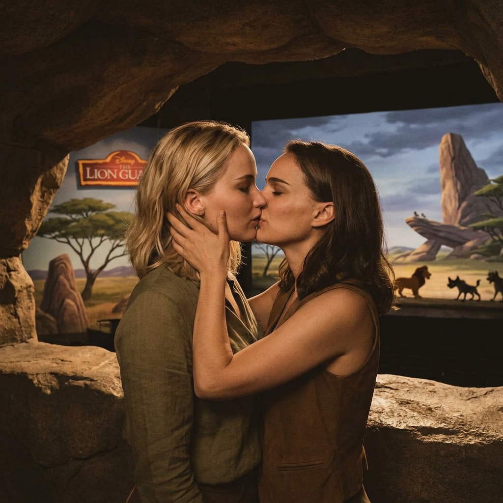 AI Design for Jennifer Lawrence and Natalie Portman lesbian kissing each other in The Lion Guard