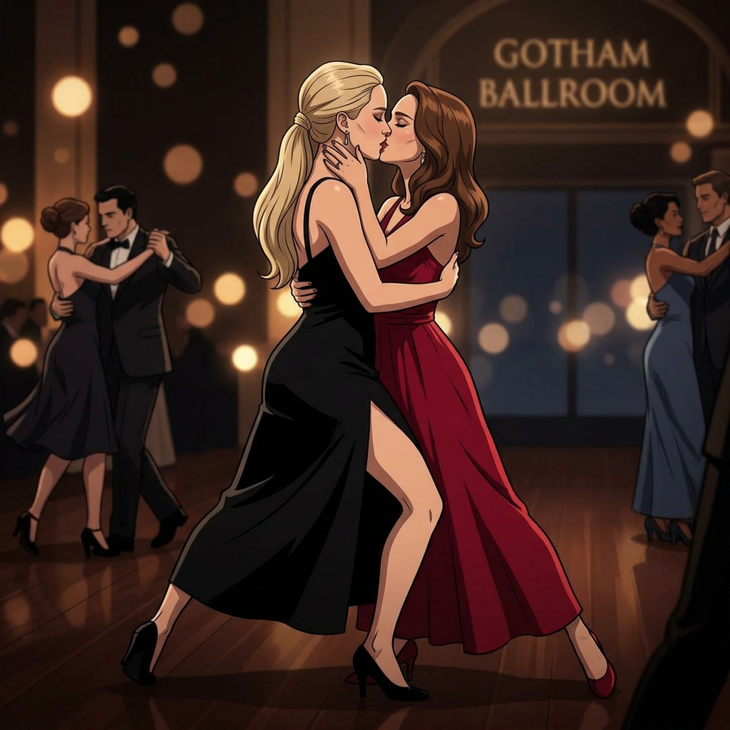 AI Design for Jennifer Lawrence and Natalie Portman lesbian kissing and tango each other in DC anmated movie
