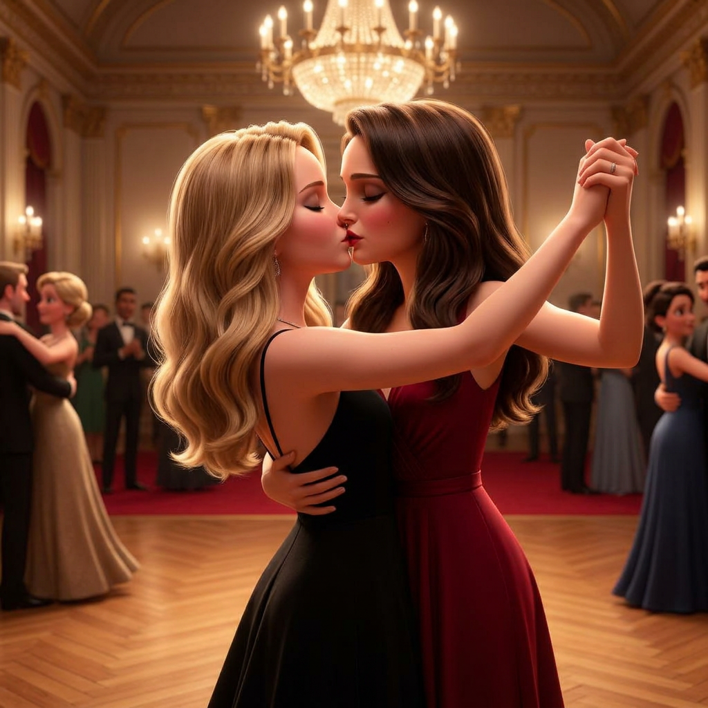 AI Design for Jennifer Lawrence and Natalie Portman lesban kissing and tango each other in animated movie