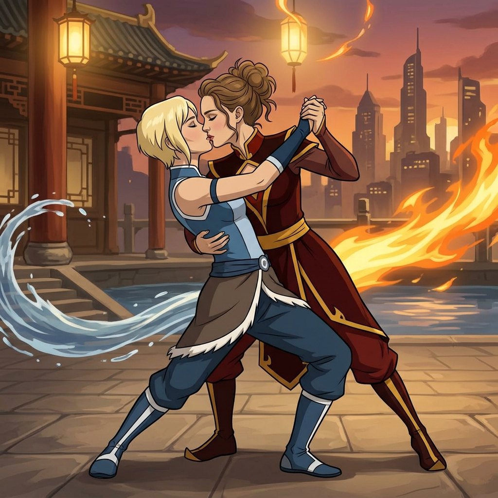 AI Design for Jennifer Lawrence and Natalie Portman lesbian kissing and tango each other in The Legend of Korra animated TV series