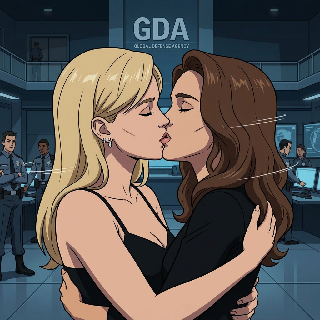 AI Design for Jennifer Lawrence and Natalie Portman lesbian french kissing each other in Invincible animated TV series