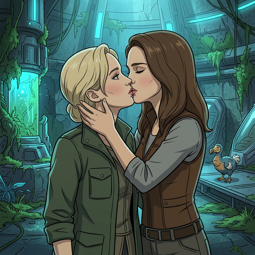 AI Design for Jennifer Lawrence and Natalie Portman lesbian french kissing each other in Ark The Animated series