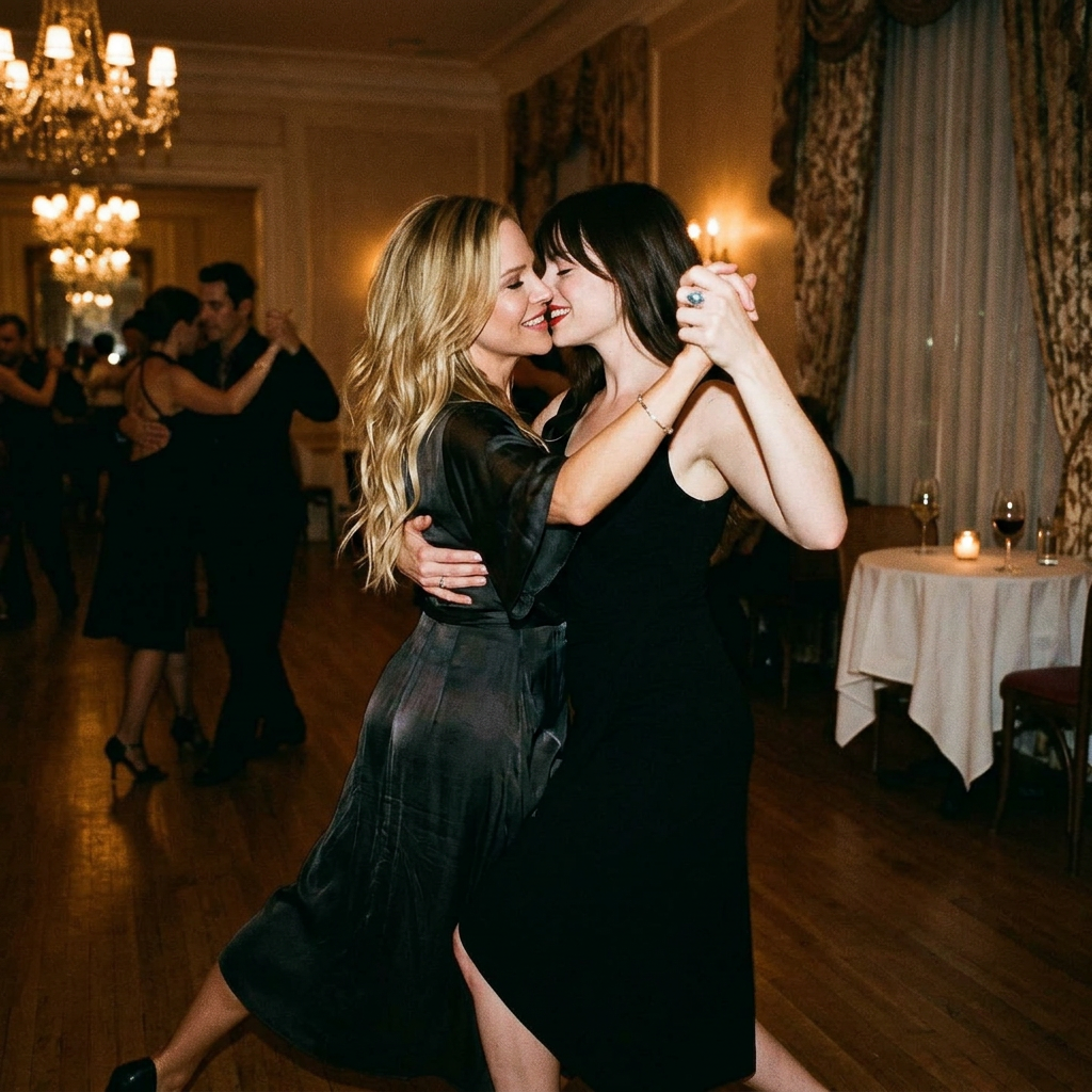 AI Design for Julie Benz and Anna Hopkins lesbian kissing and tango each other